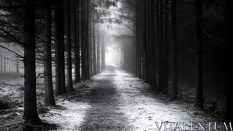 Winter ghosts stride down a tunnel of patient midnight pines