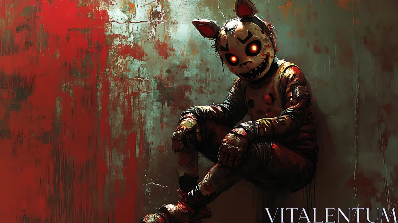 Haunting bunny-masked figure resting in a grungy corner.