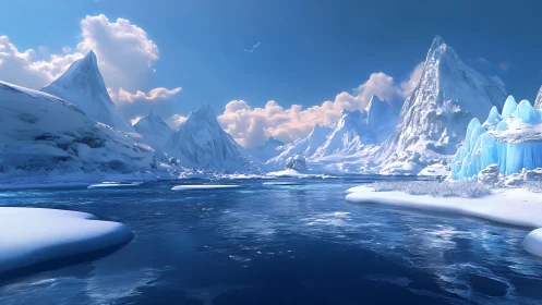 Sunlit polar fjord reflects towering crystal-blue glaciers