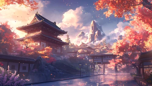 Tranquil mountain temple glows amid vivid autumn blossoms