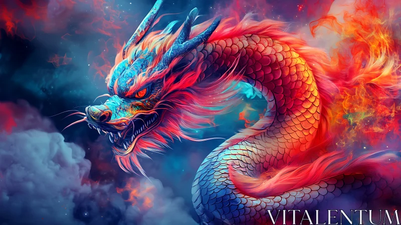 Fiery blue dragon coils through glowing smoke and nebulae