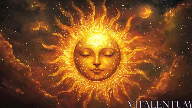 Serene celestial sun face glows in a dreamlike cosmic sky