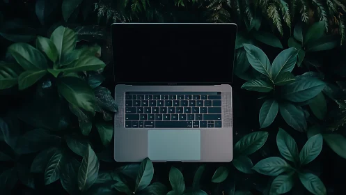 Laptop tucked into lush green leaves for calm creativity.