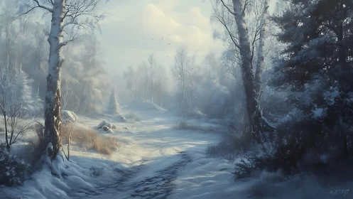 Frozen River Through Winter Forest Landscape