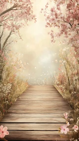 Sunlit wooden pathway under dreamy spring blossoms.
