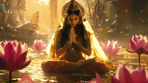 Luminescent lotus deity in meditative axial symmetry field.