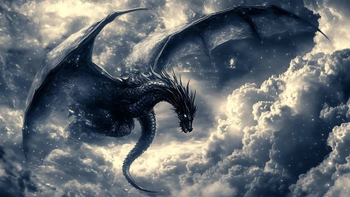 Stormlit sky dragon gliding through swirling silver clouds.