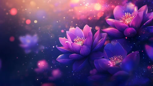 Luminous Lotus Blooms in Ethereal Purple Particle Realm.
