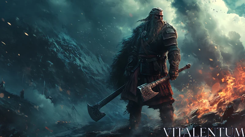 Bearded warrior stands armed with dual axes amid burning battlefield