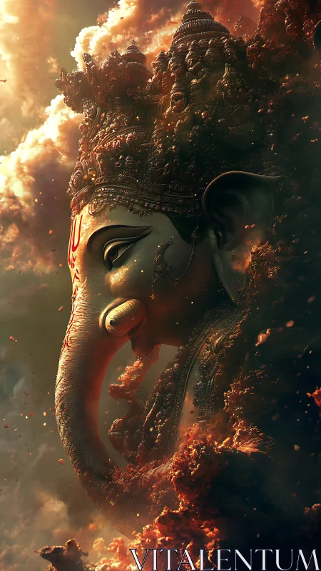 Divine elephant deity emerging from molten celestial clouds.