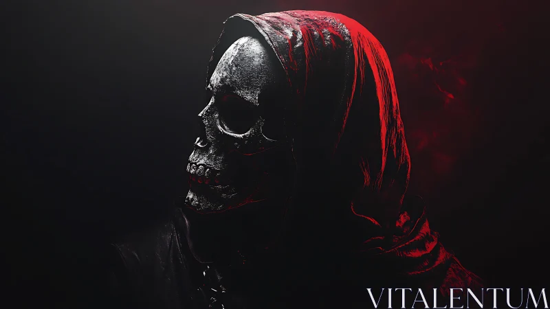 Hooded skeletal figure in profile with high contrast lighting.