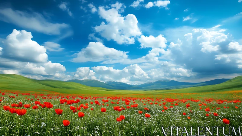 High-saturation spring meadow with red poppies under cumulus sky