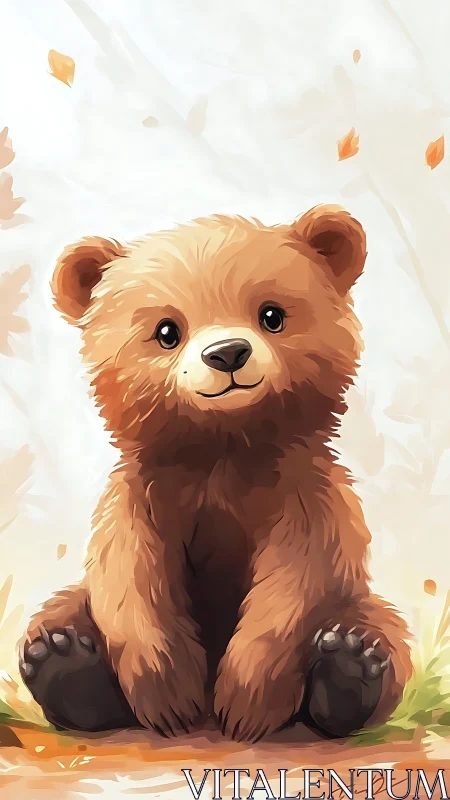 Cute brown bear cub sitting on ground in soft light.