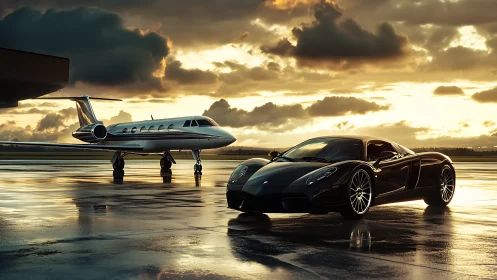 Aerodynamic supercar and jet on reflective tarmac at sunset.