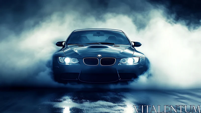 Sport coupe emerging through dense blue-tinted smoke.