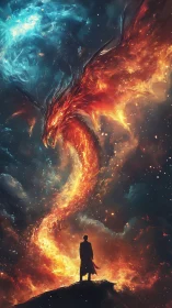 Fiery cosmic dragon descends toward lone silhouetted wanderer.