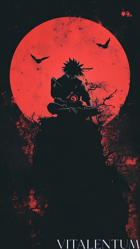 Silhouetted shinobi atop crag against oversized red moon.