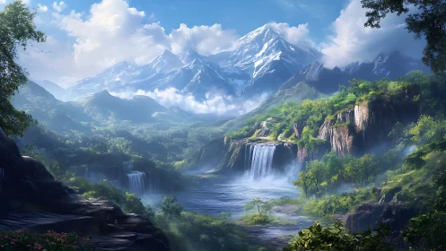 Mountain landscape with waterfalls, river basin, and forests.