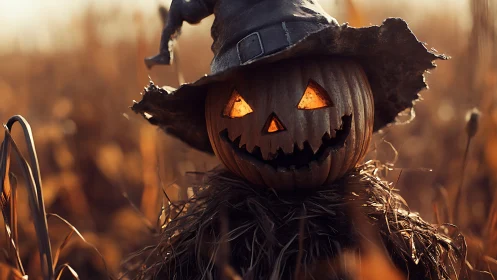Backlit jack-o-lantern scarecrow with distressed witch hat design.