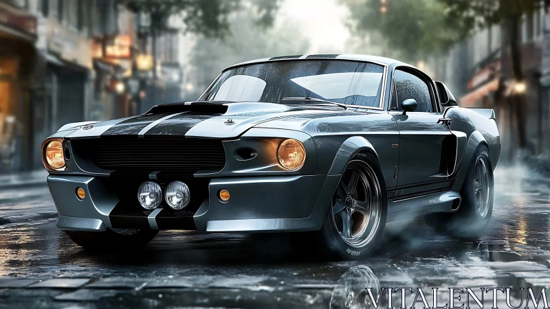 Classic muscle car idles on wet city street at dusk