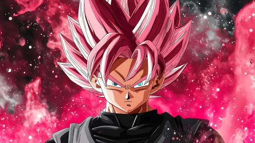 Electric pink warrior poised in a storm of cosmic energy.