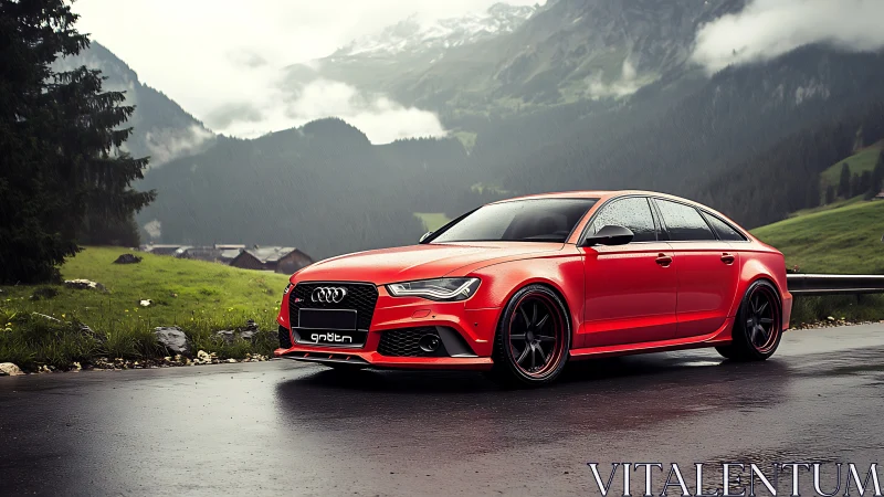 Bold red Audi sedan glows against misty mountain scenery