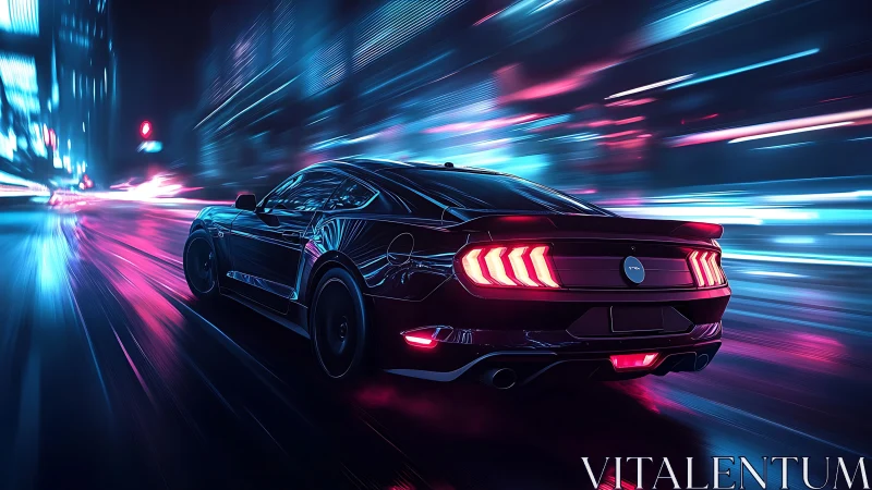 Cyberpunk muscle car in neon-lit night city motion blur