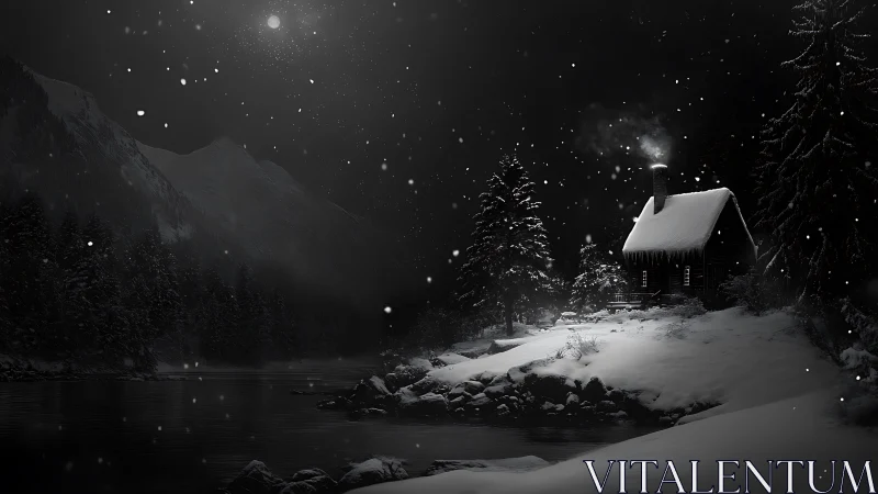 Snow covered riverside cabin at night under full moon.