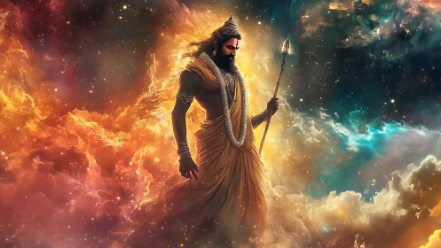 Radiant celestial guardian walking through glowing starlit clouds.