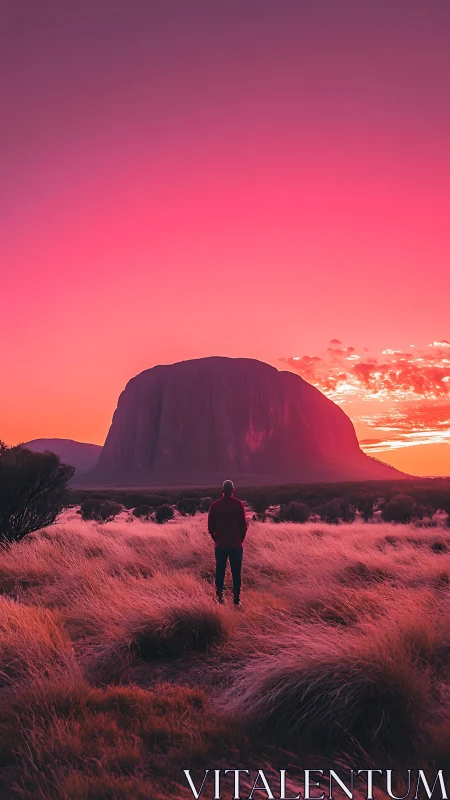 Photorealistic lone figure before monolith at neon dusk plains.