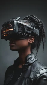 Woman in leather jacket wearing bulky VR headset.