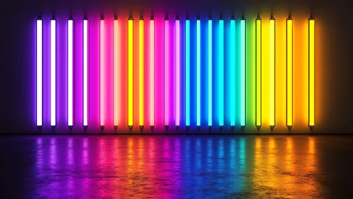 Vertical neon light tubes form full-spectrum wall installation