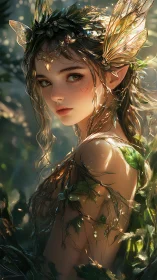 Forest elf portrait with luminous wings and leaf adornments.