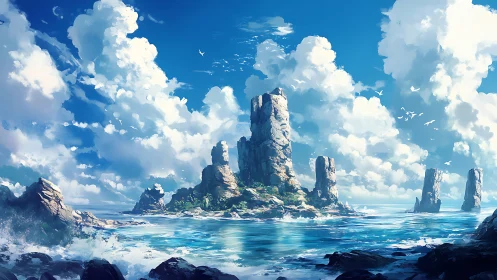 Towering Stone Sentinels: Digital Fantasy Seascape.
