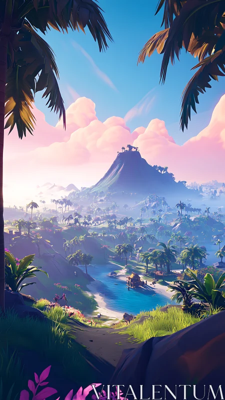 Stylized landscape vista displaying mountain terrain with tropical vegetation framing