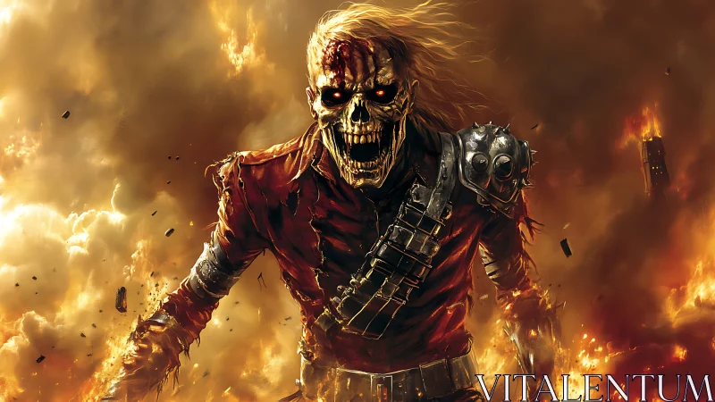 Fiery skeletal warrior striding through a blazing inferno.