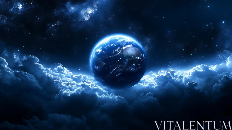 Luminous Earth above storm clouds in deep blue cosmos.