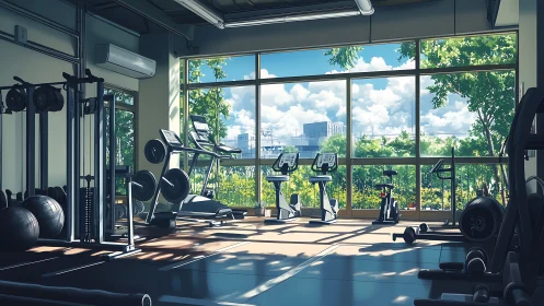 Sunlit fitness room shows cardio machines and weight racks