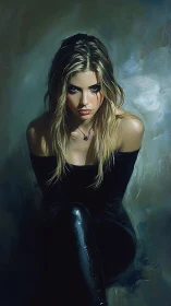 Brooding blonde woman in dark leather exudes quiet defiance.