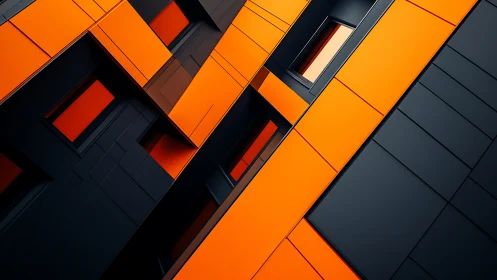 Parametric façade convergence in orange-black planar geometry.