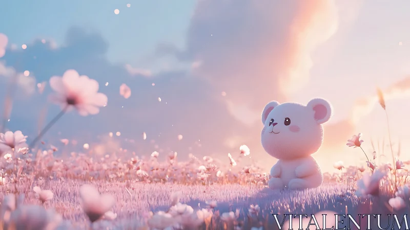 Cartoon bear model sits in stylized pastel flower field