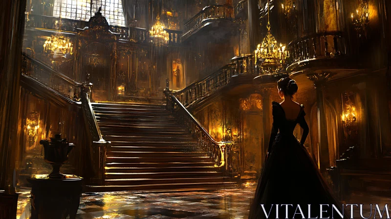 Baroque grand staircase interior with silhouetted woman in black gown