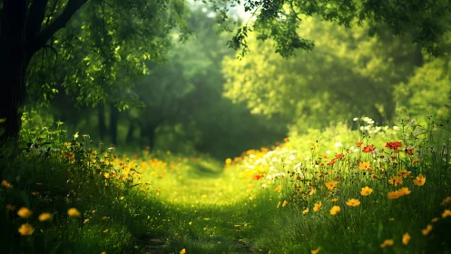 Sunlit forest path bordered by wildflowers in bloom.