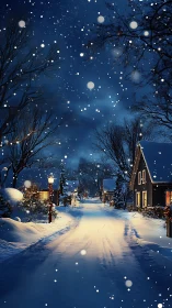 Snow-laden village street rendered in nocturnal digital painting