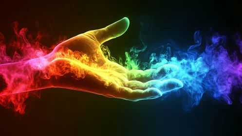 Prismatic hand conjures swirling spectral rainbow smoke trail.