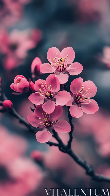 Pink Cherry Blossoms Cluster on Dark Branch in Soft Focus