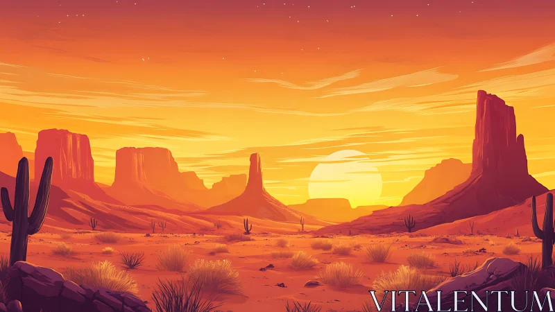 Radiant desert mesa sunset with stylized volumetric lighting.
