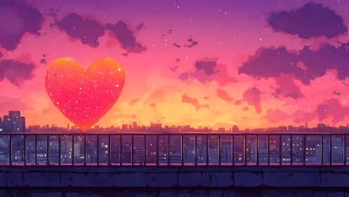 Floating heart shape over urban skyline at sunset.