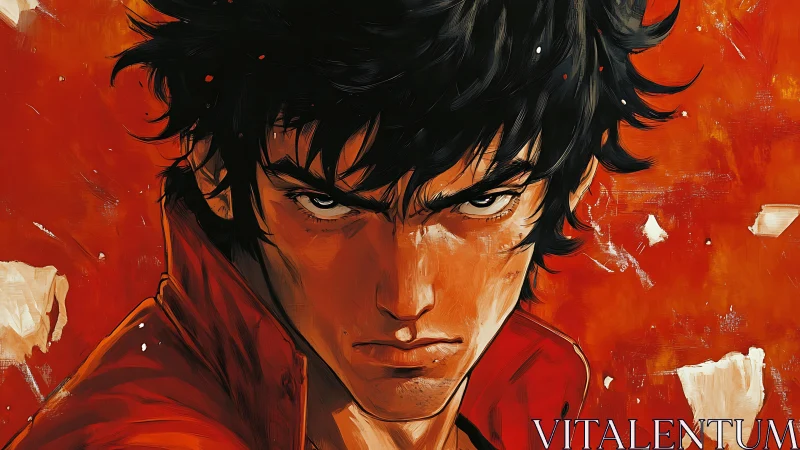 Fierce stare against a blazing red storm of emotion.