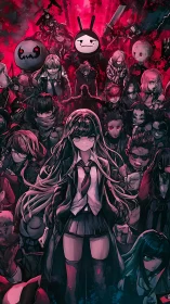 Dark anime squad under crimson sky with central heroine.